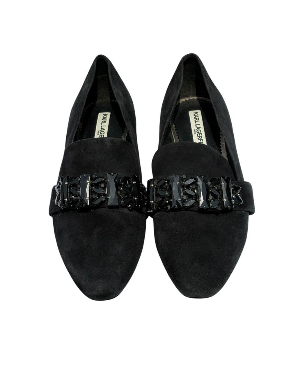 Karl Lagerfeld Black Jeweled Suede Loafers